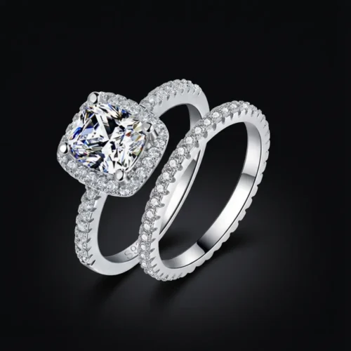 Parure de bagues mariage femme : Solitaire coussin et Alliance assortie en plaqué or blanc - Scoobijou.