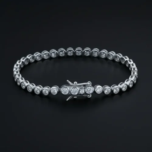 Bracelet rivière tennis en or blanc 18k avec diamants ronds en serti clos, fermoir de sécurité double, design moderne et lisse sur fond noir.