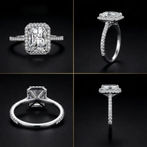 Bague de fiançailles en argent 925 avec pierre rectangulaire scintillante et halo de zircons - Scoobijou Maroc.