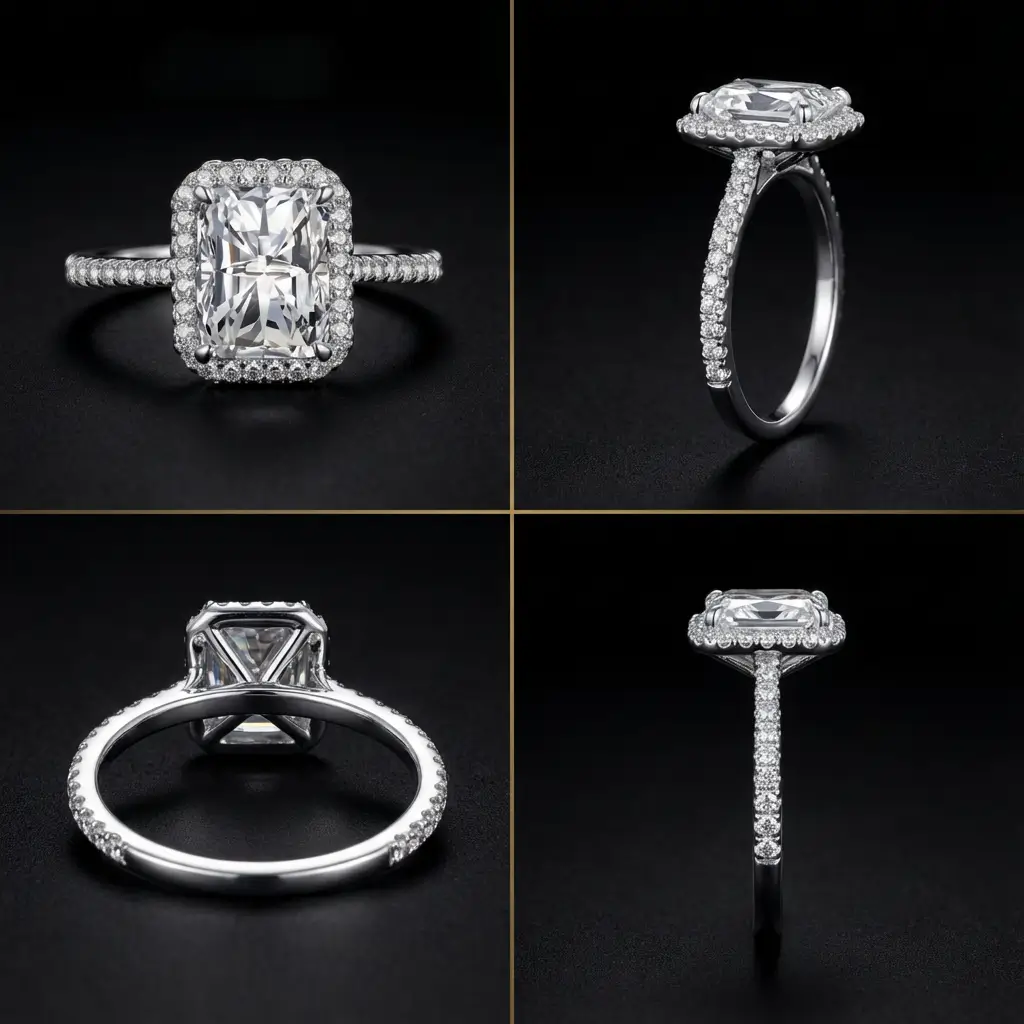 Bague de fiançailles en argent 925 avec pierre rectangulaire scintillante et halo de zircons - Scoobijou Maroc.