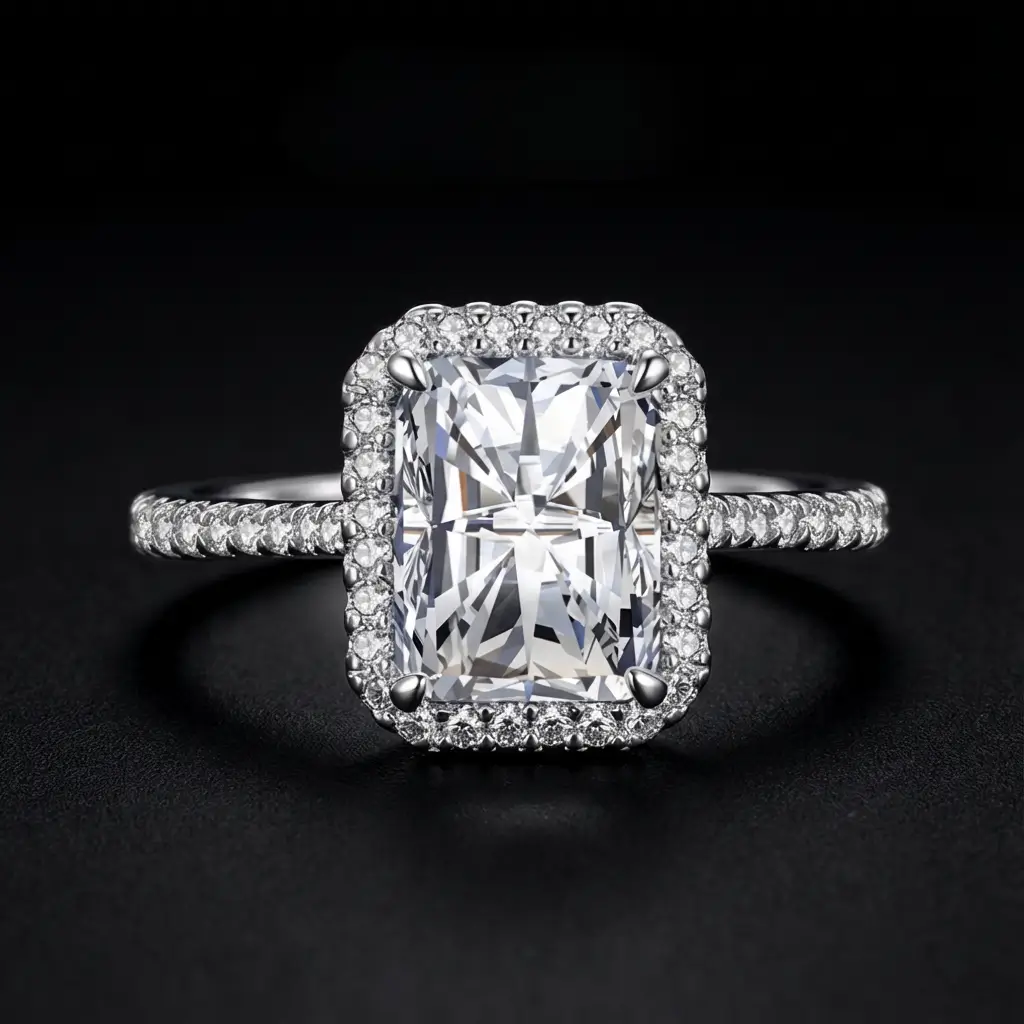 Bague de fiançailles en argent 925 avec pierre rectangulaire scintillante et halo de zircons - Scoobijou Maroc.