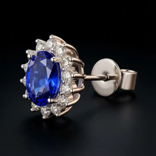 Texte Alternatif (Alt Text) : Puces d'oreilles en argent 925 avec pierre ovale bleue saphir et halo de zircons - Scoobijou.