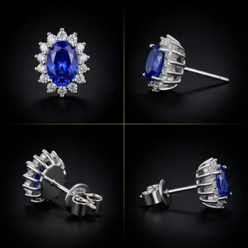 Texte Alternatif (Alt Text) : Puces d'oreilles en argent 925 avec pierre ovale bleue saphir et halo de zircons - Scoobijou.