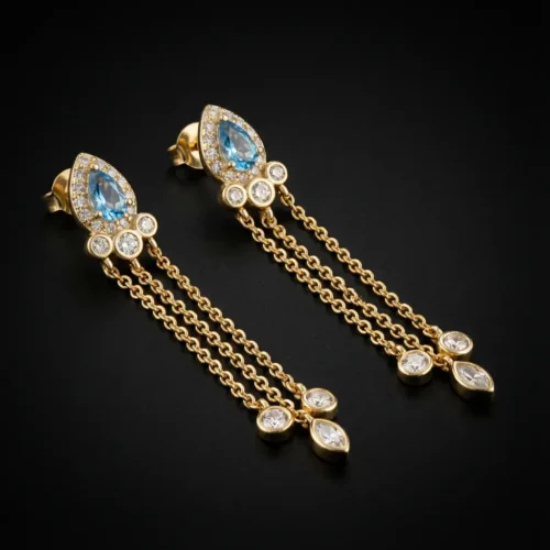 Boucles d'oreilles pendantes style oriental en Argent 925 doré à l'or fin avec pierre bleue goutte d'eau - Scoobijou.