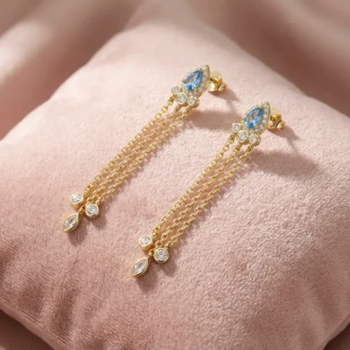 Boucles d'oreilles pendantes style oriental en Argent 925 doré à l'or fin avec pierre bleue goutte d'eau - Scoobijou.