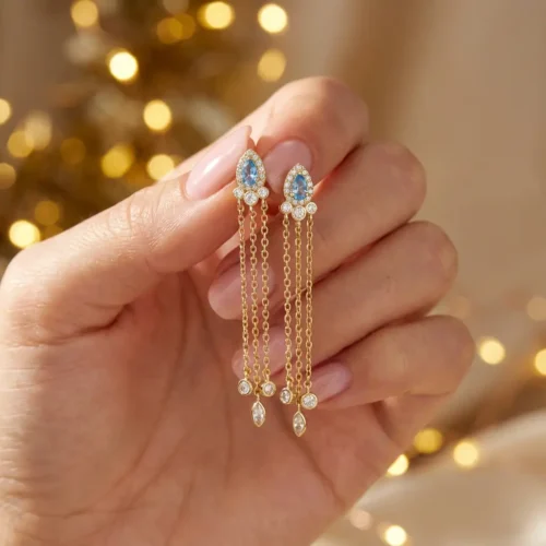 Boucles d'oreilles pendantes style oriental en Argent 925 doré à l'or fin avec pierre bleue goutte d'eau - Scoobijou.