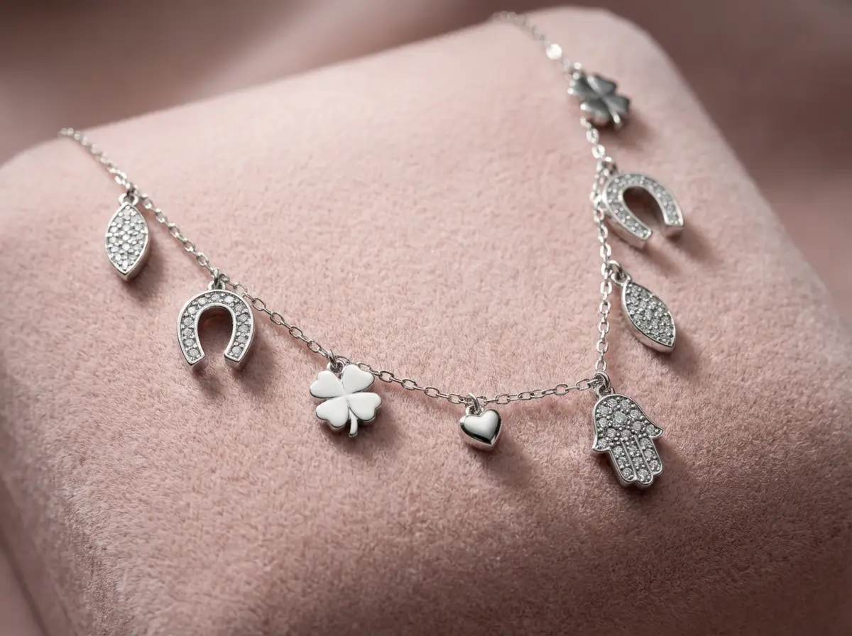 ollier porte-bonheur argent 925 avec pendentifs Khmissa, trèfle, fer à cheval et cœur – Scoobijou Maroc
