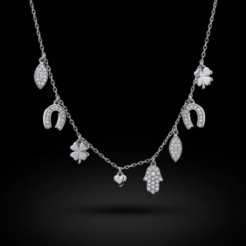 ollier porte-bonheur argent 925 avec pendentifs Khmissa, trèfle, fer à cheval et cœur – Scoobijou Maroc