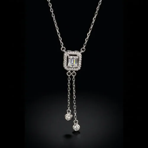 Collier Y (lariat) en argent 925 avec zircon rectangulaire et pavage – bijou femme Maroc – Scoobijou