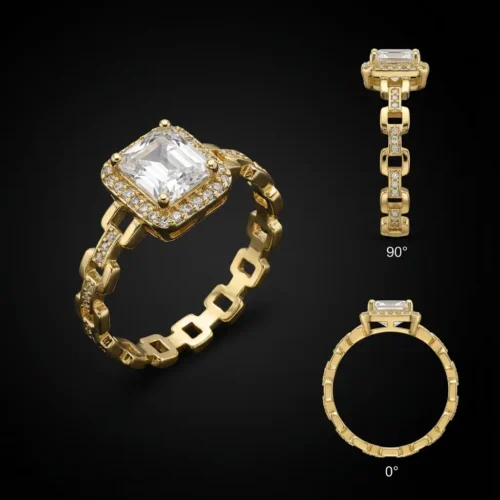 Bague inoxydable XP doré avec anneau maillons et pierre centrale carrée halo zircons, style alliance moderne – Scoobijou Maroc