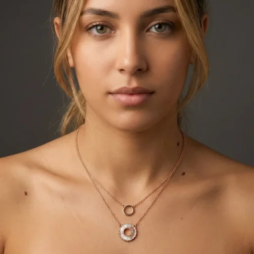 Collier double rang en argent 925 rose gold avec pendentif cercle et rosace zircon – Scoobijou Maroc