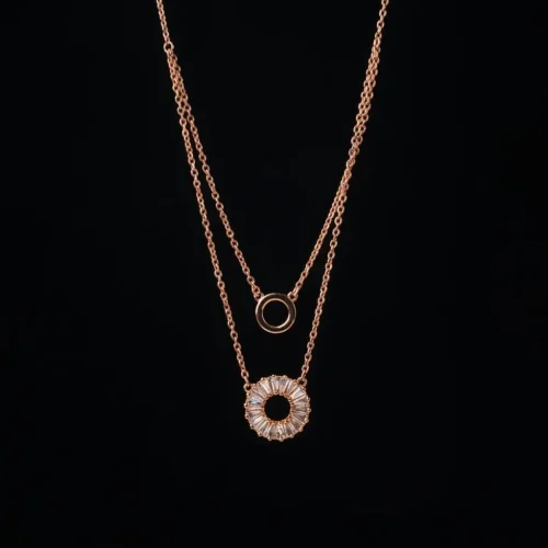 Collier double rang en argent 925 rose gold avec pendentif cercle et rosace zircon – Scoobijou Maroc