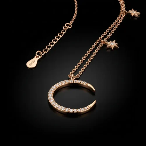 Collier Pendentif Lune & Étoiles "Céleste" - Argent Massif 925 Rose Gold - Zircons Scintillants