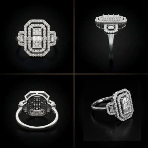 Bague cocktail art déco rectangulaire en argent 925 rhodié pavée de zircons baguette et ronds sur monture halo - Bijouterie Scoobijou Maroc