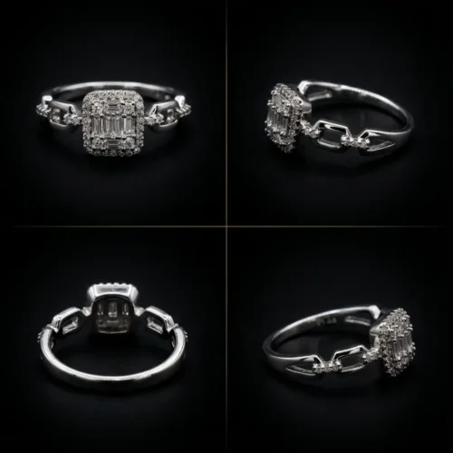 Bague en acier inoxydable XP finition argentée avec plateau halo émeraude en zircons baguette et anneau effet maillons modernes – Scoobijou Maroc