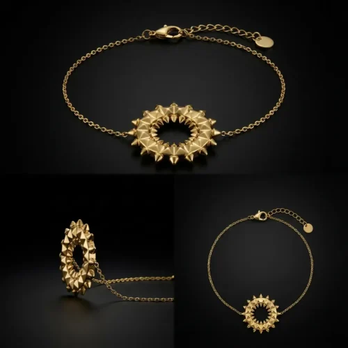 Bracelet fin acier doré avec médaillon rond à picots pyramidaux porté au poignet, style lifestyle, Scoobijou Maroc.