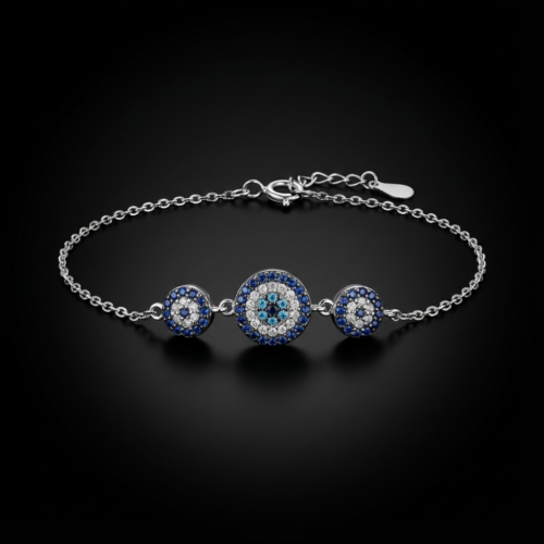 Bracelet trois médaillons œil grec nazar en argent 925 rhodié avec zircons bleus et blancs - Bijouterie protection Scoobijou Maroc