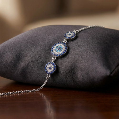 Bracelet trois médaillons œil grec nazar en argent 925 rhodié avec zircons bleus et blancs - Bijouterie protection Scoobijou Maroc