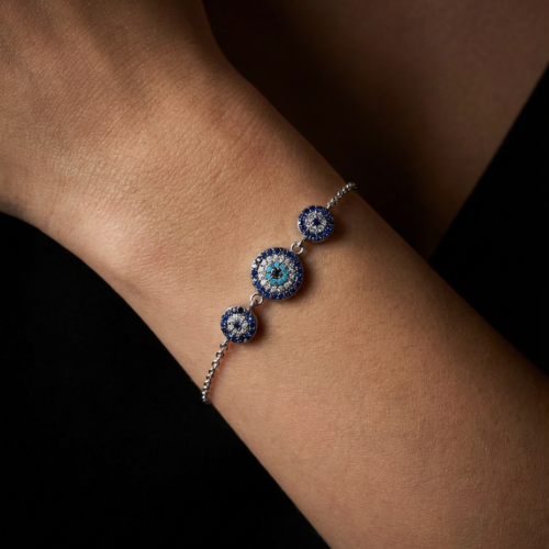 Bracelet trois médaillons œil grec nazar en argent 925 rhodié avec zircons bleus et blancs - Bijouterie protection Scoobijou Maroc
