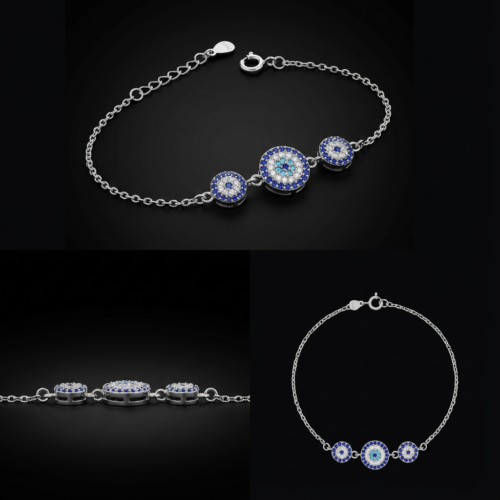 Bracelet trois médaillons œil grec nazar en argent 925 rhodié avec zircons bleus et blancs - Bijouterie protection Scoobijou Maroc