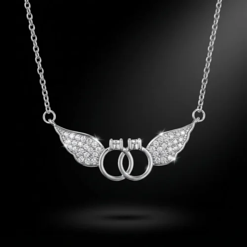 Collier ailes d'ange avec deux anneaux entrelacés en argent 925 rhodié pavés de zircons, symbole de protection et d'amour éternel - Bijouterie Scoobijou Maroc