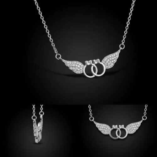 Collier ailes d'ange avec deux anneaux entrelacés en argent 925 rhodié pavés de zircons, symbole de protection et d'amour éternel - Bijouterie Scoobijou Maroc
