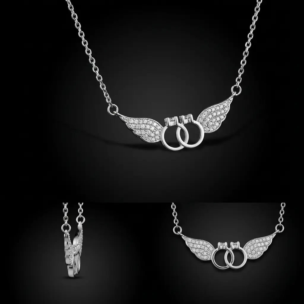 Collier ailes d'ange avec deux anneaux entrelacés en argent 925 rhodié pavés de zircons, symbole de protection et d'amour éternel - Bijouterie Scoobijou Maroc