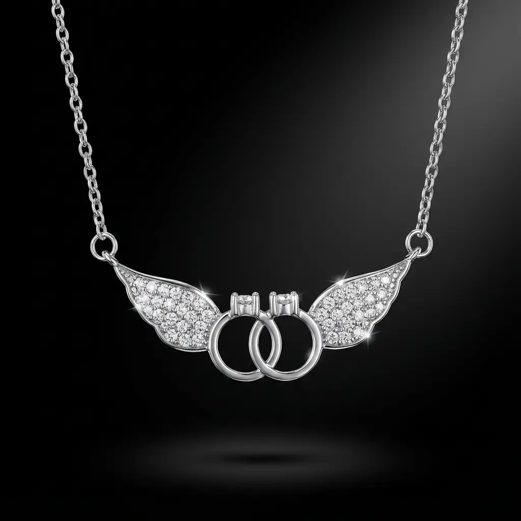 Collier ailes d'ange avec deux anneaux entrelacés en argent 925 rhodié pavés de zircons, symbole de protection et d'amour éternel - Bijouterie Scoobijou Maroc