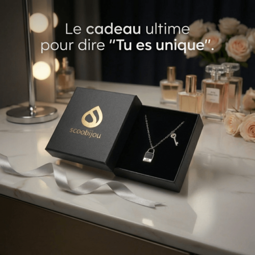 Collier en argent 925 rhodié avec pendentif cadenas émail noir et petite clé pavée de zircons, Scoobijou Maroc.