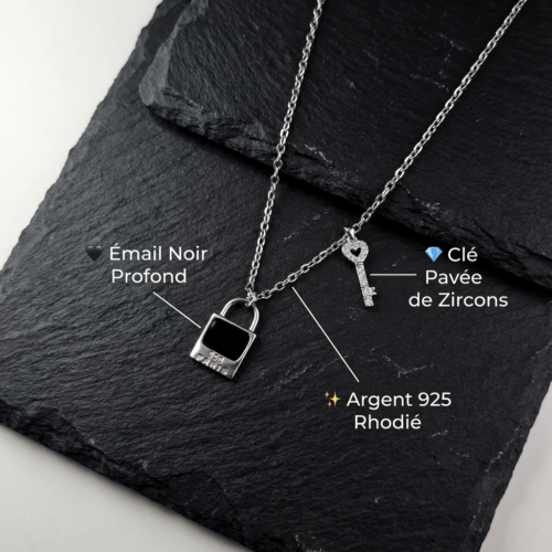 Collier en argent 925 rhodié avec pendentif cadenas émail noir et petite clé pavée de zircons, Scoobijou Maroc.