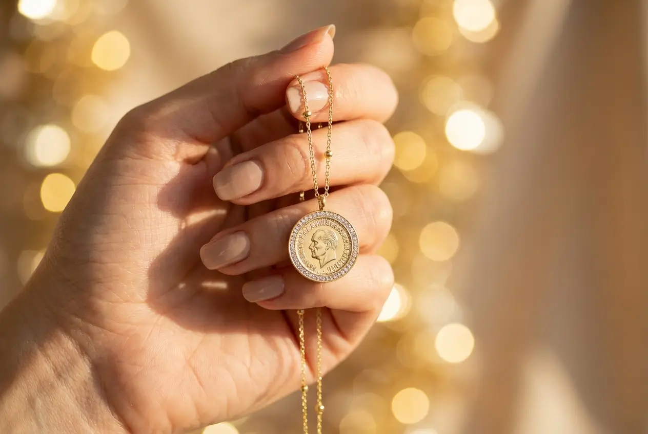 Collier médaille pièce ancienne en argent 925 trempé or 18K avec halo de zircons et deux pierres rondes serties sur la chaîne – Scoobijou Maroc