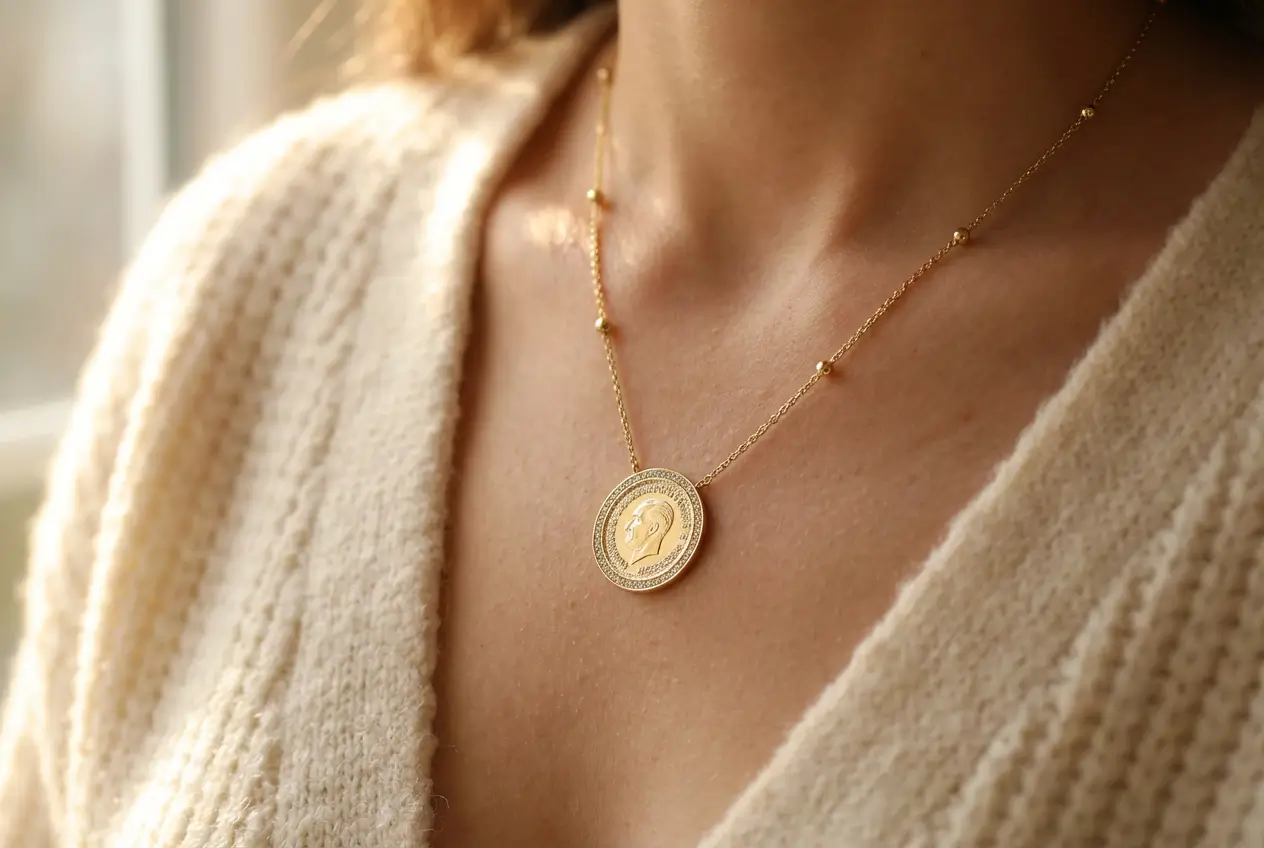 Collier médaille pièce ancienne en argent 925 trempé or 18K avec halo de zircons et deux pierres rondes serties sur la chaîne – Scoobijou Maroc