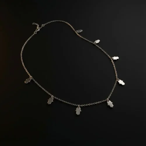 Collier ras de cou en argent 925 rhodié avec pampilles khmissa main de Fatma réparties sur la chaîne - Bijouterie Scoobijou Maroc