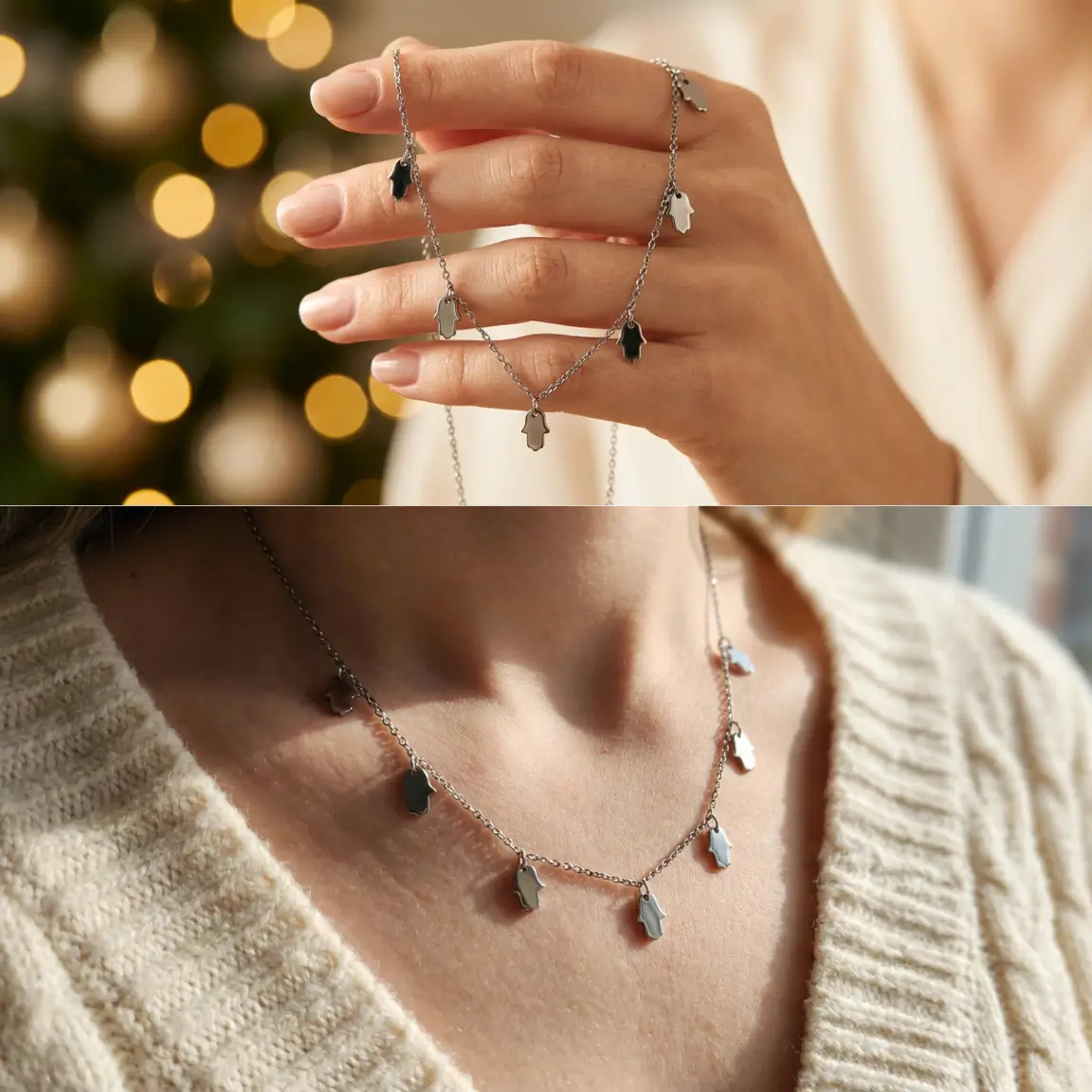 Collier ras de cou en argent 925 rhodié avec pampilles khmissa main de Fatma réparties sur la chaîne - Bijouterie Scoobijou Maroc