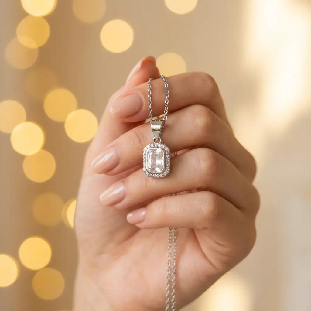 Collier pendentif solitaire rectangulaire avec halo en argent 925 rhodié, zircon central taille émeraude et micro-pavage - Bijouterie Scoobijou Maroc