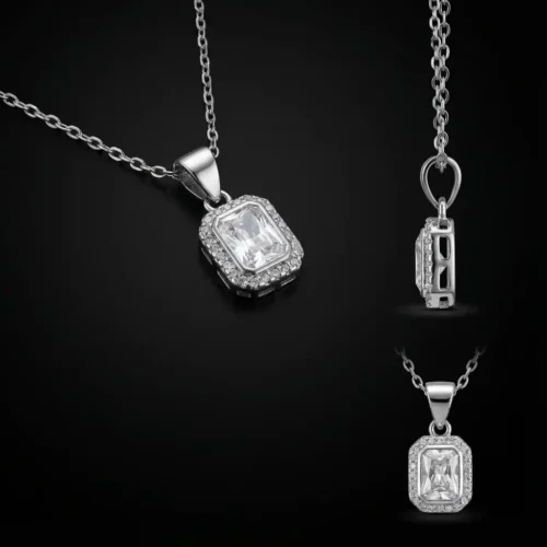 Collier pendentif solitaire rectangulaire avec halo en argent 925 rhodié, zircon central taille émeraude et micro-pavage - Bijouterie Scoobijou Maroc