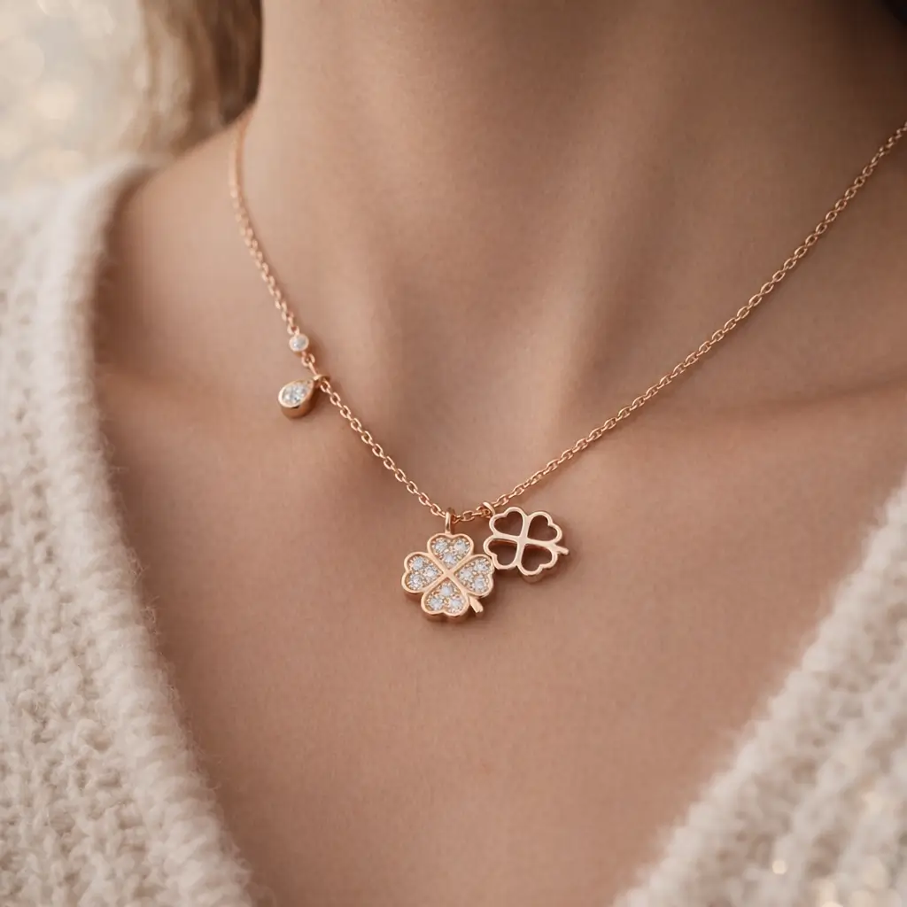 Collier triple charms trèfle porte-bonheur en argent 925 plaqué or rose avec zircons et pendentif goutte - Bijouterie Scoobijou Maroc