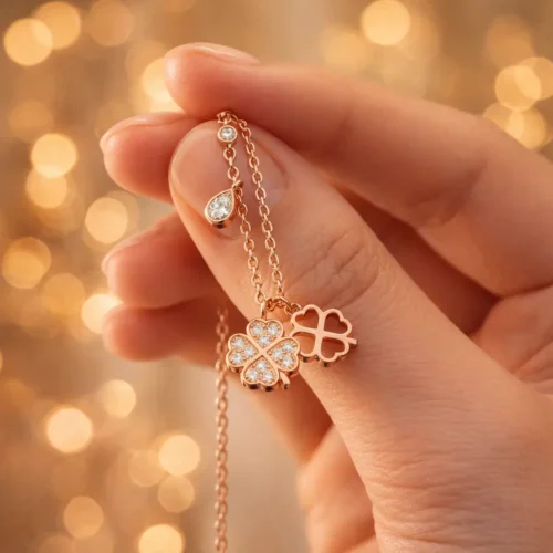 Collier triple charms trèfle porte-bonheur en argent 925 plaqué or rose avec zircons et pendentif goutte - Bijouterie Scoobijou Maroc