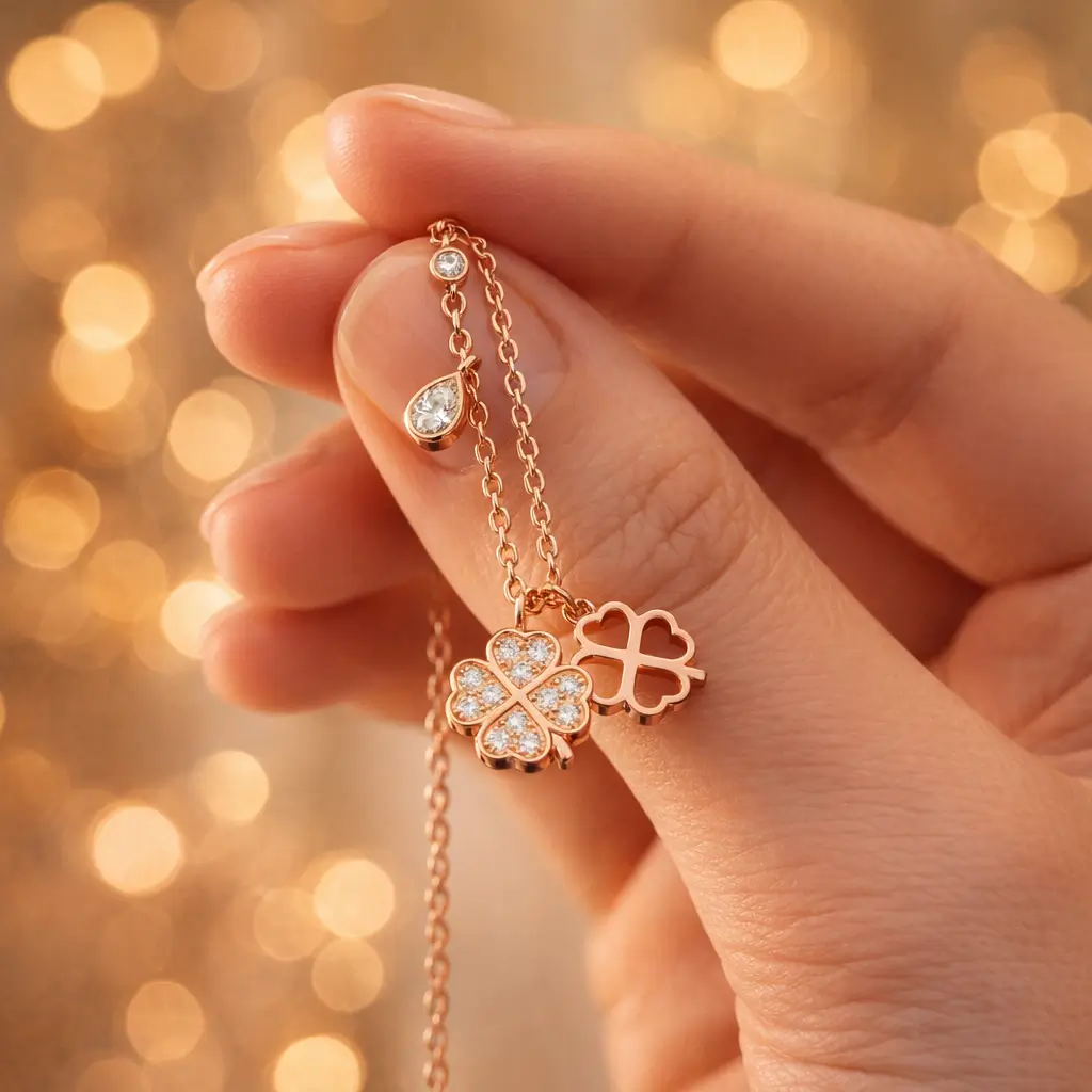 Collier triple charms trèfle porte-bonheur en argent 925 plaqué or rose avec zircons et pendentif goutte - Bijouterie Scoobijou Maroc