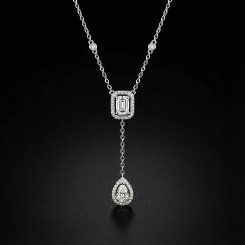 Collier Y lariat en argent 925 avec pendentifs rectangulaire et goutte pavés de zircons, disponible rhodié, plaqué or et plaqué or rose - Bijouterie Scoobijou Maroc