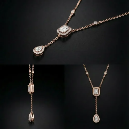 Collier Y lariat en argent 925 avec pendentifs rectangulaire et goutte pavés de zircons, disponible rhodié, plaqué or et plaqué or rose - Bijouterie Scoobijou Maroc