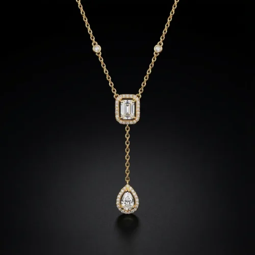 Collier Y lariat en argent 925 avec pendentifs rectangulaire et goutte pavés de zircons, disponible rhodié, plaqué or et plaqué or rose - Bijouterie Scoobijou Maroc