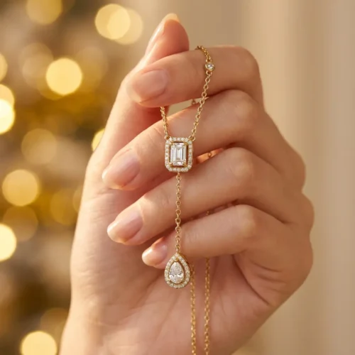 Collier Y lariat en argent 925 avec pendentifs rectangulaire et goutte pavés de zircons, disponible rhodié, plaqué or et plaqué or rose - Bijouterie Scoobijou Maroc