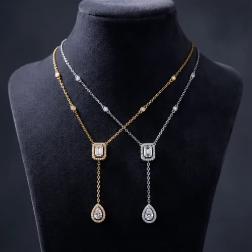 Collier Y lariat en argent 925 avec pendentifs rectangulaire et goutte pavés de zircons, disponible rhodié, plaqué or et plaqué or rose - Bijouterie Scoobijou Maroc