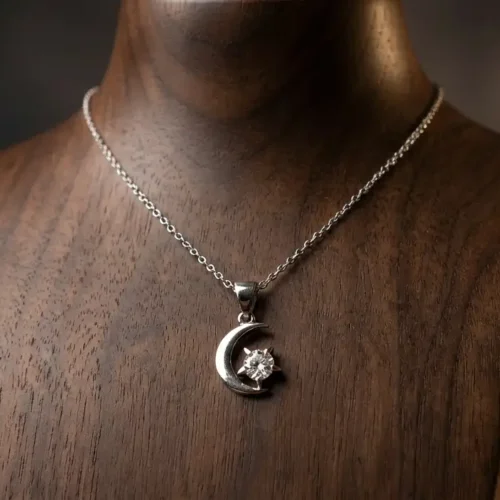 Collier pendentif croissant de lune avec étoile zircon en argent 925 rhodié, symbole spirituel islamique - Bijouterie Scoobijou Maroc