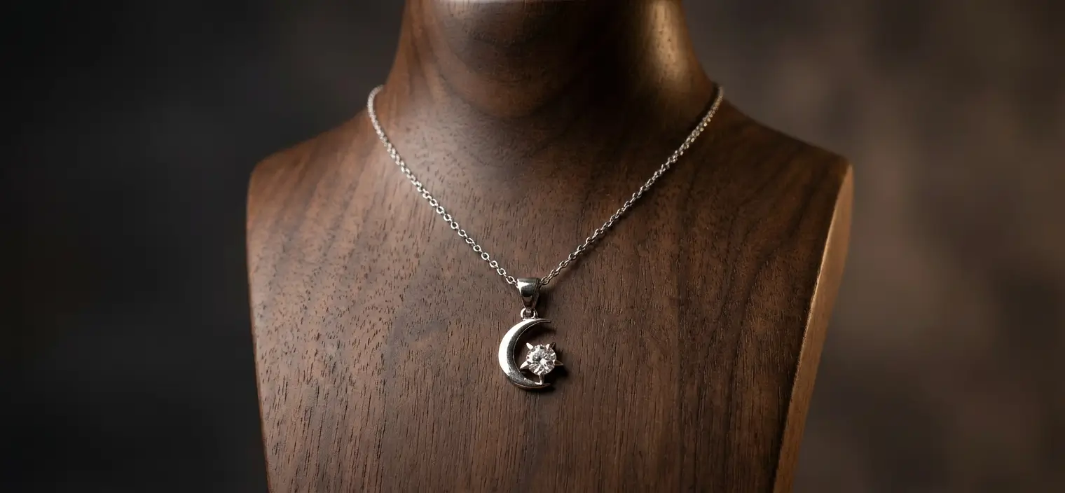 Collier pendentif croissant de lune avec étoile zircon en argent 925 rhodié, symbole spirituel islamique - Bijouterie Scoobijou Maroc