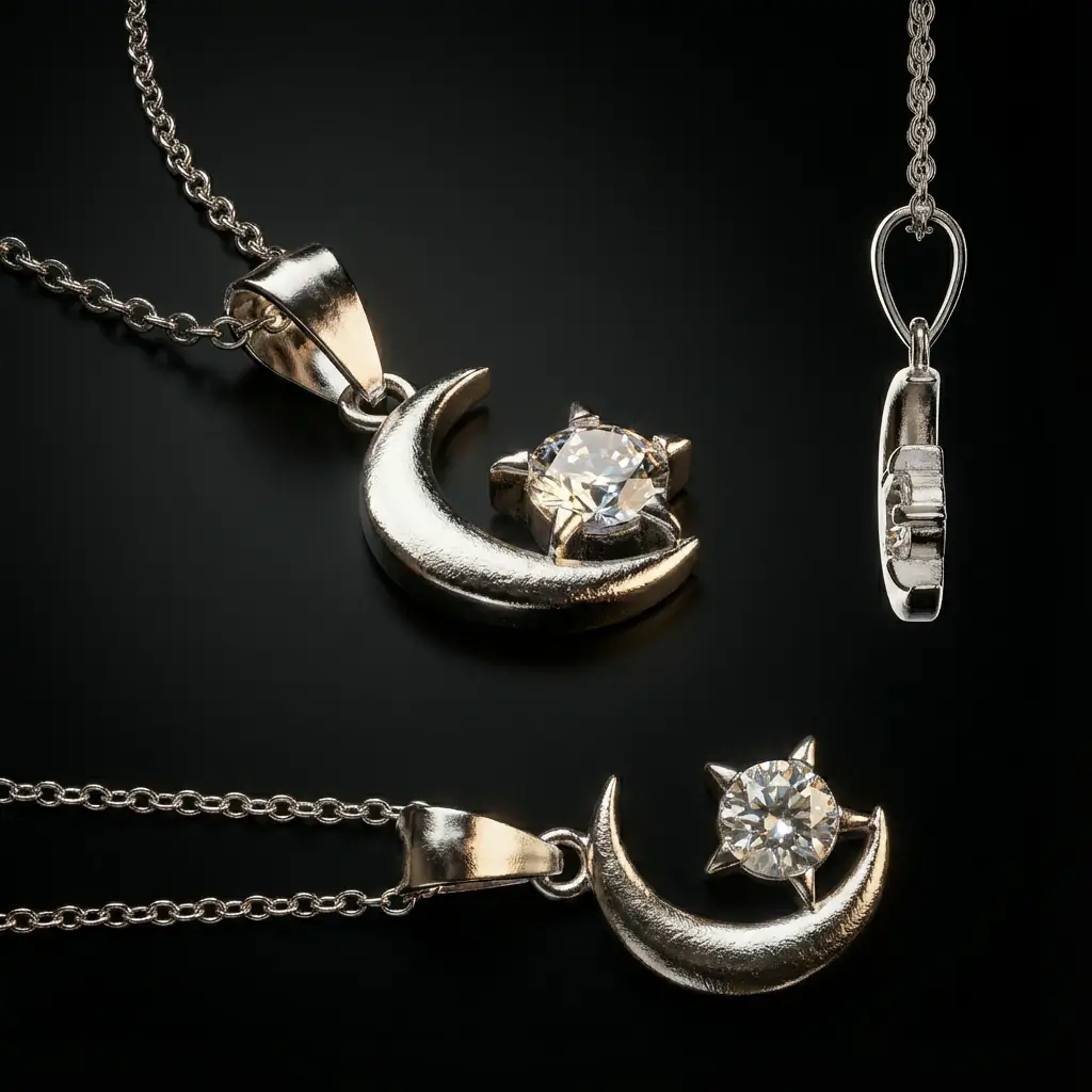 Collier pendentif croissant de lune avec étoile zircon en argent 925 rhodié, symbole spirituel islamique - Bijouterie Scoobijou Maroc