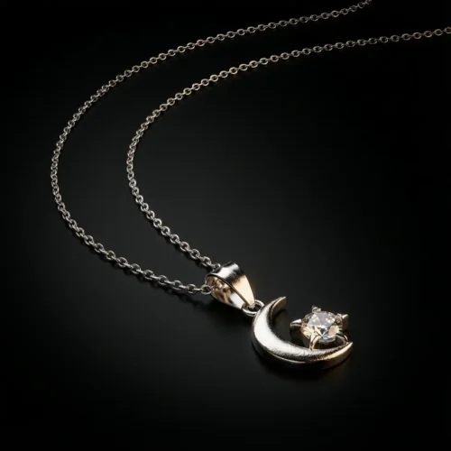 Collier pendentif croissant de lune avec étoile zircon en argent 925 rhodié, symbole spirituel islamique - Bijouterie Scoobijou Maroc