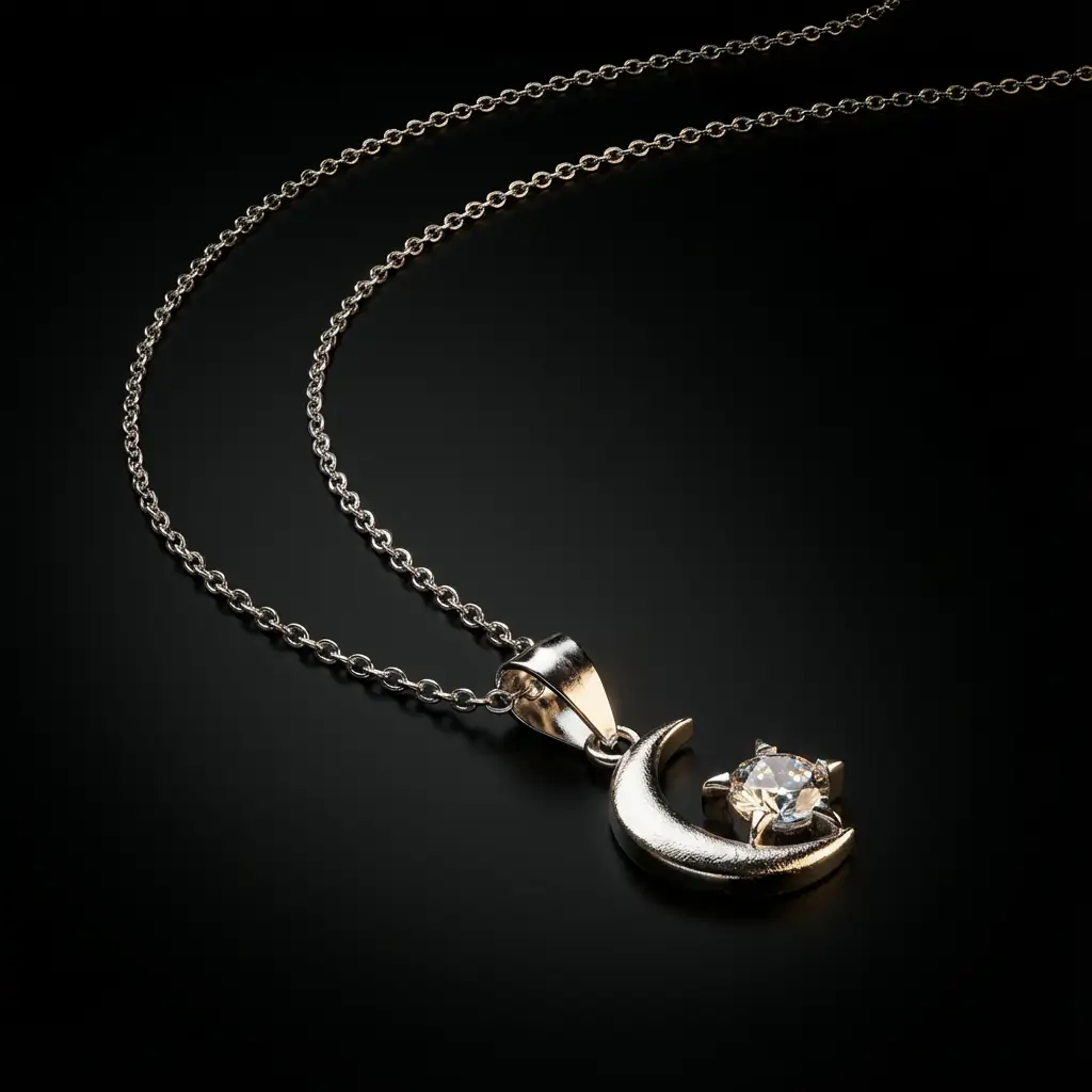 Collier pendentif croissant de lune avec étoile zircon en argent 925 rhodié, symbole spirituel islamique - Bijouterie Scoobijou Maroc