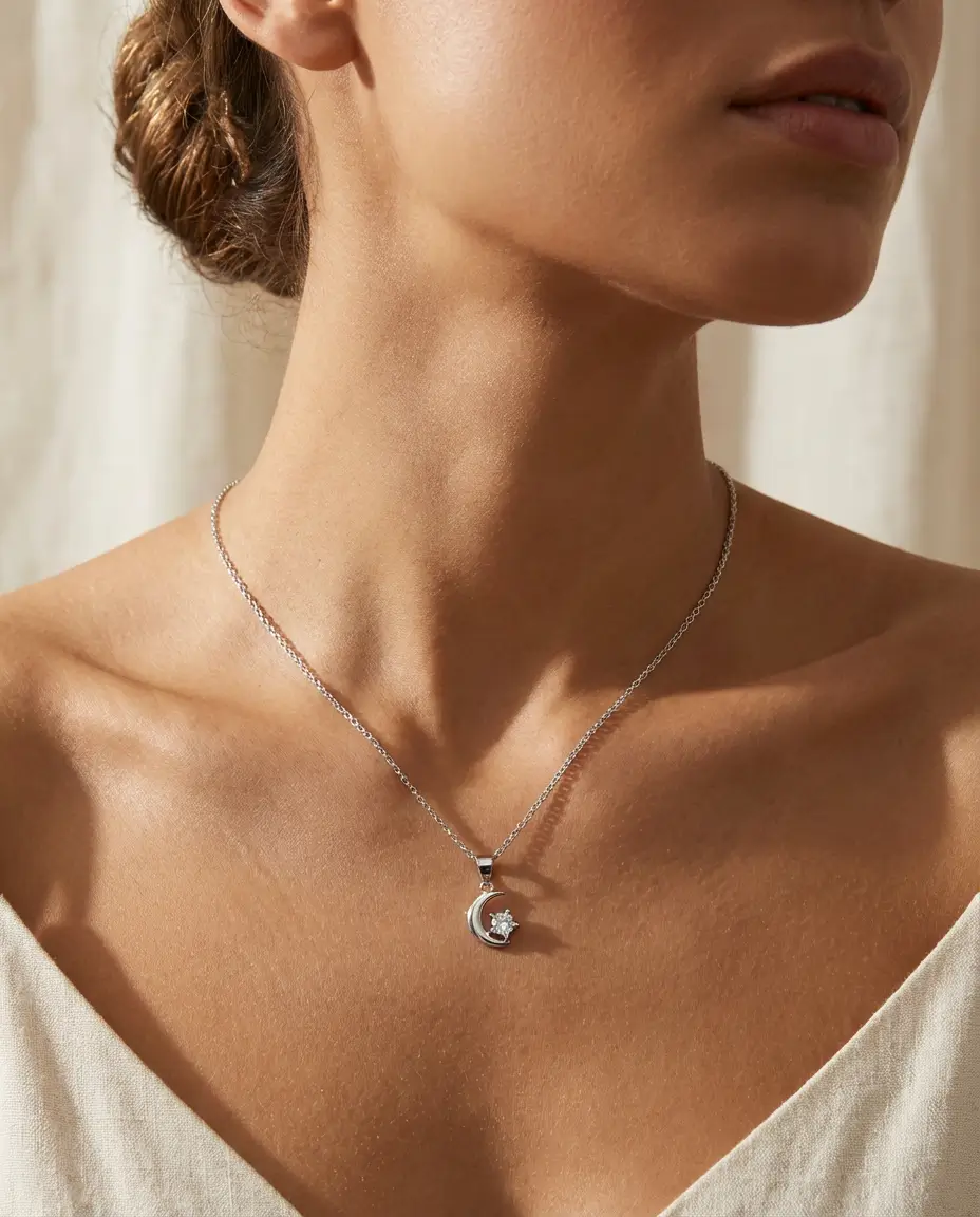 Collier pendentif croissant de lune avec étoile zircon en argent 925 rhodié, symbole spirituel islamique - Bijouterie Scoobijou Maroc